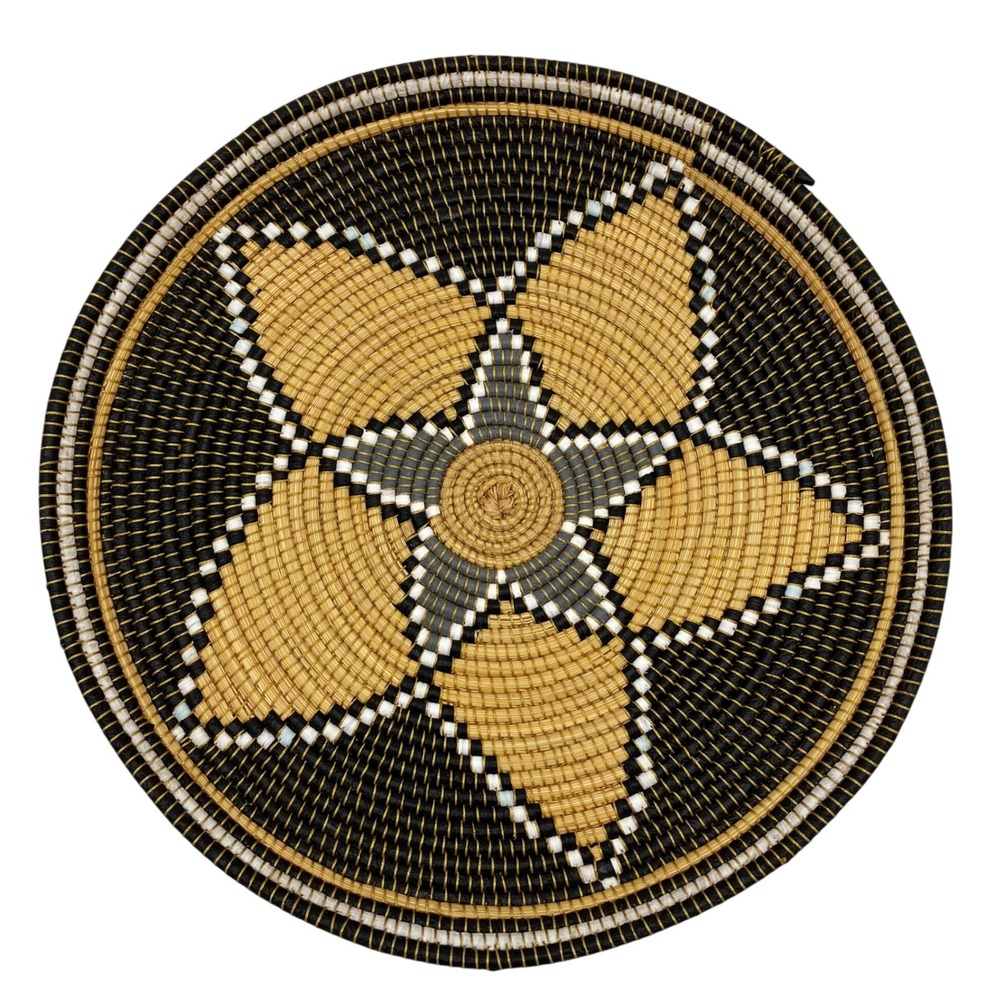 Handwoven 19" Rwandan Sisal Coiled Wall Hanging Decor Tray Black Gold Star